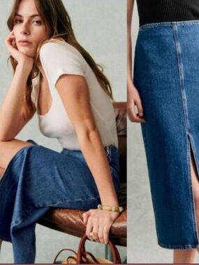 Sézane Eloane SZ 6 EUC High-Waist Blue Denim Midi Skirt with Front Slit